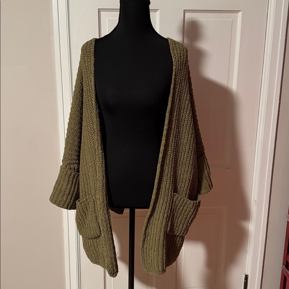 POL Olive Green Open-Front Chunky Knit Cardigan